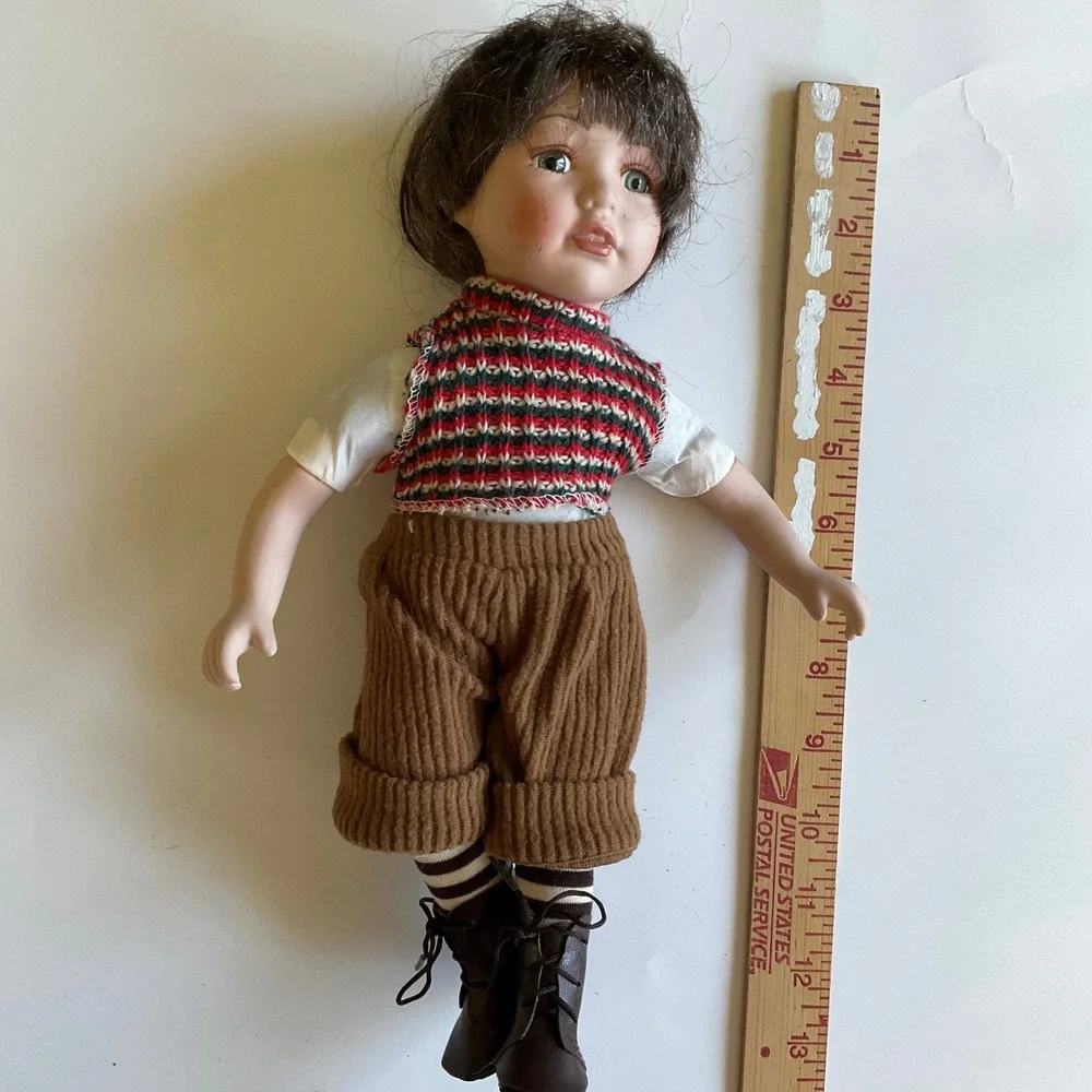 Vintage Porcelain Boy Doll Green‎ Eyes Knit Vest Corduroy Pants 12